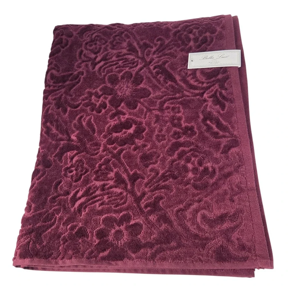 Bella Lux 4pc Turkish Cotton Velour Towel Set Merlot Floral Embossed 2Bath 2Hand